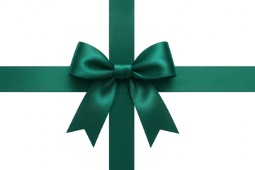 Elegant emerald green ribbon bow isolated on transparent background, festive