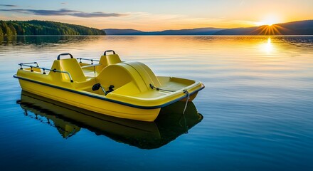 Scenic Sunset Pedal Boat Ride on Tranquil Lake, Nature Adventure, Serene Waterscape, Peaceful Evening Vibe