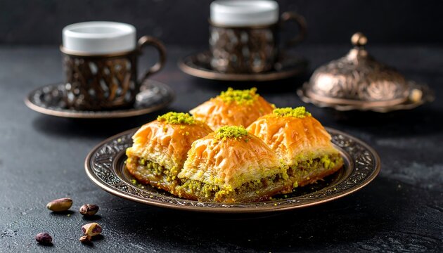 Delicious baklava on a dark plate with Turkish coffee cups