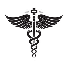 Stylized Caduceus Symbol with Wings and a Cross on White Background medical symbol healthcare