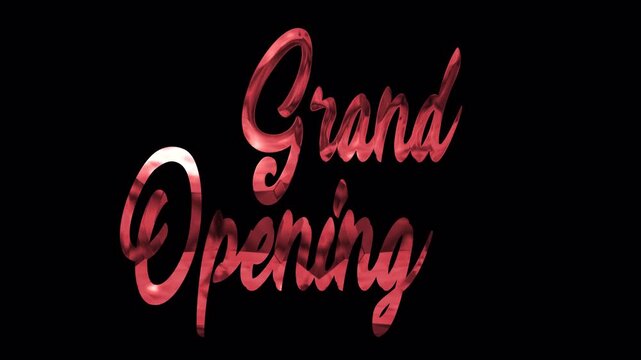 Shiny red grand opening text on black background. Ideal for promotional materials, flyers, posters, social media announcements, and websites.