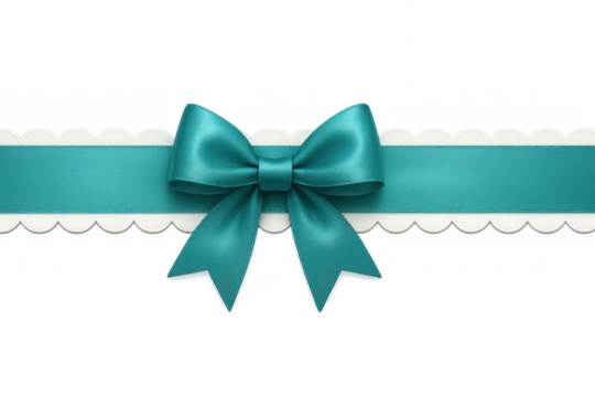 Elegant teal ribbon and decorative lace border isolated on transparent background.