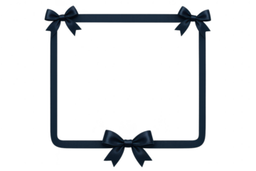 Elegant navy blue ribbon frame with bows isolated on transparent background