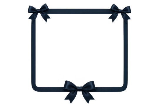 Elegant navy blue ribbon frame with bows isolated on transparent background