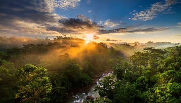 Cenario De Encantamento O Nascer Do Sol Transformando A Floresta Tropical Em Um Espetaculo De Cores E Luz
