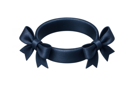 Elegant navy blue ribbon banner with bows isolated on transparent background, festive