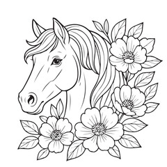 Black and white vector design of a horse head inside floral frame, highlighted with bold outlines, ideal for logos, creative artworks, or digital graphics.