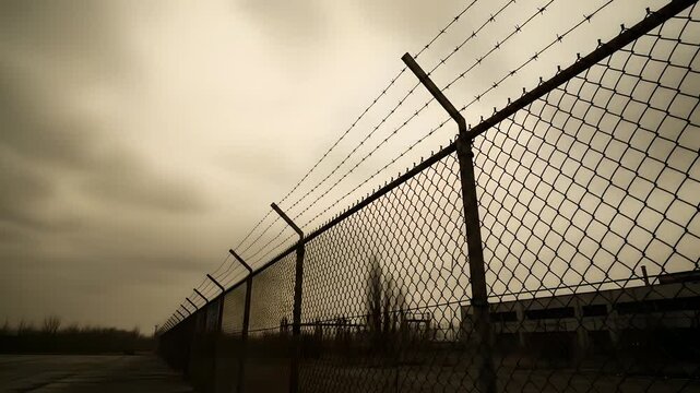 Barbed wire fence against a cloudy sky, symbolizing confinement, security, or industrial decline. Useful for illustrating themes of imprisonment, abandoned places, and dystopia.