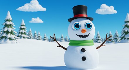 Obraz premium Cartoon snowman in winter scene