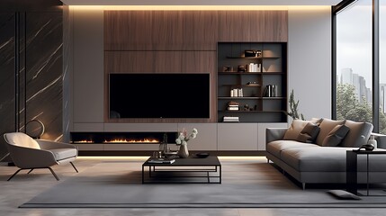 Sophisticated and modern living room interior design with a fireplace and city view, elegant
