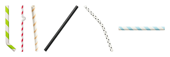 Paper straw set including striped, flexible, bent, polka dot, and solid color designs isolated. Eco-friendly beverage accessories.