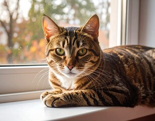 Relaxed tabby cat on windowsill, autumnal view