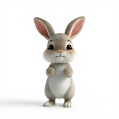 A charming, fluffy 3D rendered baby rabbit, light brown and white, stands upright with a gentle expression and large dark eyes against a stark white backdrop