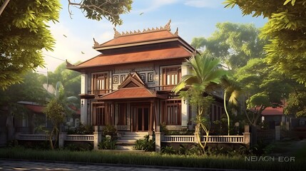 Exotic architecture with traditional design elements nestled within lush tropical foliage serene