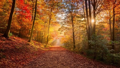 Fototapeta premium Autumn Walk Through A Serene Forest Path Tranquil Nature Setting Vibrant Fall Foliage Morning Light