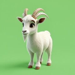 A charming 3D rendered white goat with expressive brown eyes, soft fluffy fur, and curved horns stands on a vibrant green background