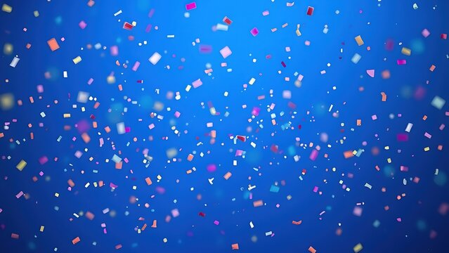 Colorful confetti frozen in motion against a blue gradient, capturing a festive and dynamic moment.