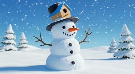 Snowy day snowman with birdhouse