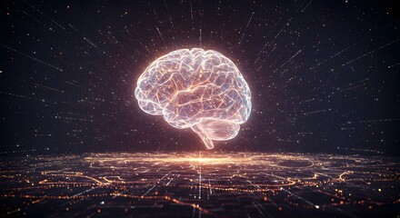 Abstract wireframe brain glowing over a complex digital network, symbolizing artificial intelligence, innovative thought, and advanced computational capabilities