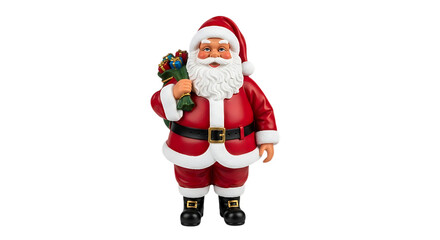 Fototapeta premium Santa Claus figurine holding a bag of gifts against a black background.