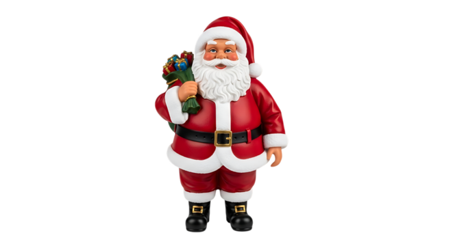 Santa Claus figurine holding a bag of gifts against a black background.