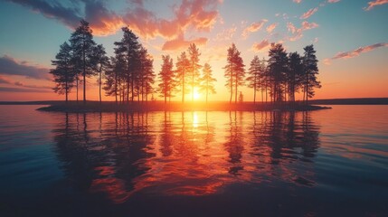 Sunset over a tranquil lake with silhouettes of trees on a small island