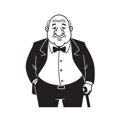 Old man with formal suit black and white vector illustration for classic portrait artwork design