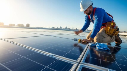 Renewable energy technician installing solar panel system on rooftop beneath clear blue sky with safety gear, demonstrating electrical work amidst city skyline for sustainable building practices - Powered by Adobe