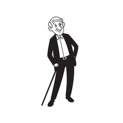 Old man with formal suit black and white vector illustration for classic portrait artwork design