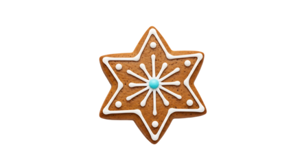 Star-shaped gingerbread cookie with white icing on a black background