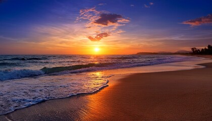 A Tranquil Scene Of A Sunset Casting Vibrant Hues Over A Beach With Calm Waves The Serene Moment Captures The Beauty Of Nature And The Peaceful Ambiance Of The Seaside During Twilight