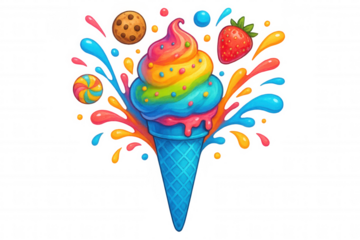 Rainbow ice cream cone exploding with colorful splashes, cookie, candy and strawberry on a transparent background