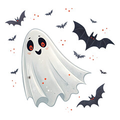 Cute Halloween Ghost and Bats Illustration: Spooky Season Design Element on transparent background