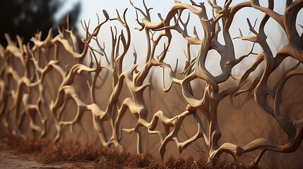 Intricate interlocking wooden structures create an organic fence with artistic flair crafted from