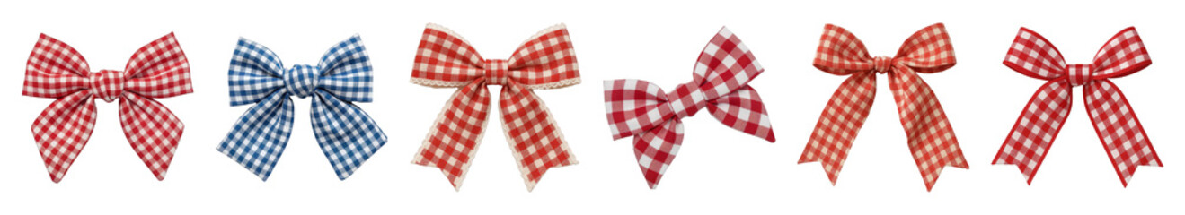 Obraz premium Gingham bow set including red and blue colors, various ribbon widths and tied styles isolated. Decorative craft and gift elements.