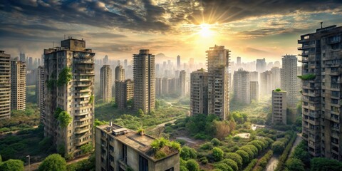 Sunlit Ruins An Aerial View of Reclaimed Urban Structures Overgrown by Lush Vegetation and Whispering Winds