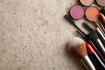 Diverse makeup collection featuring brushes, eyeshadows, and lipstick on textured stone.