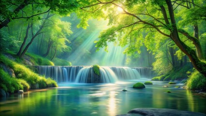 Naklejka premium Serene Waterfall Cascading Through Lush Green Forest Bathed in Sunlight's Golden Rays