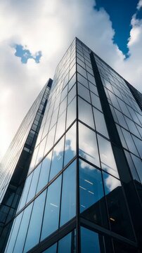 Modern high-rise office building exterior with reflective glass facade showing cloud reflections under sunny sky, looking upwards.