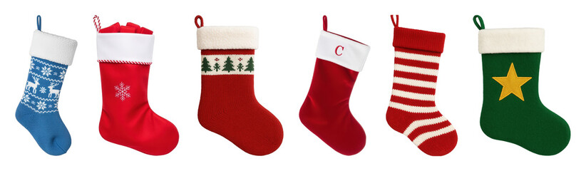 Red, green, and blue Christmas stocking set including knitted, velvet, striped, and patterned designs isolated. Festive holiday collection.
