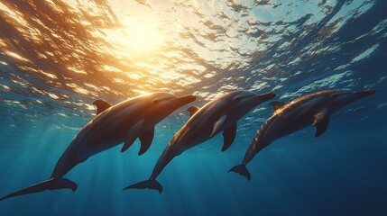 Three Dolphins Swim Sunlit Underwater