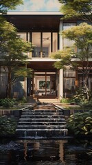 Zen modern home design with water feature, architectural elegance and serene outdoor space