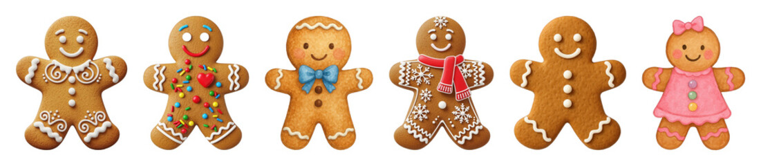Gingerbread cookie set including traditional, sprinkled, bow tie, scarf, buttons, and dress designs isolated. Festive holiday treats.