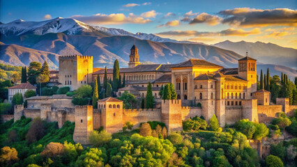 Obraz premium ancient fortress glowing under golden sunset light against snowy mountains