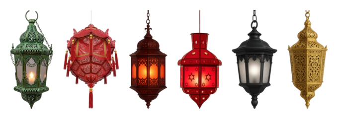 Ornate lantern set including green, red, gold, black, and brown styles isolated. Cultural decoration and festive lighting collection.