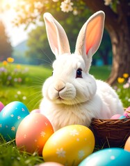 White rabbit surrounded by colorful Easter eggs in park