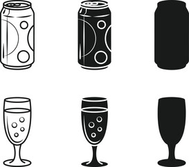 Set of hand drawn beverage cans and champagne glasses in outline and silhouette