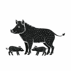 Wild boar family with piglets. Animal in natural habitat. Wild pig illustration. Isolated on white background. Vector. © 3okaad_Vectors