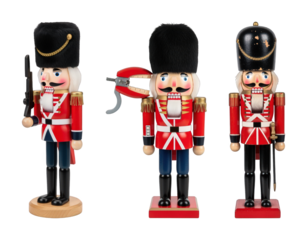 Nutcracker soldier set including rifleman, open mouth, and swordsman variations isolated. Christmas decoration and holiday collection.