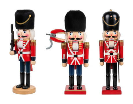 Nutcracker soldier set including rifleman, open mouth, and swordsman variations isolated. Christmas decoration and holiday collection.